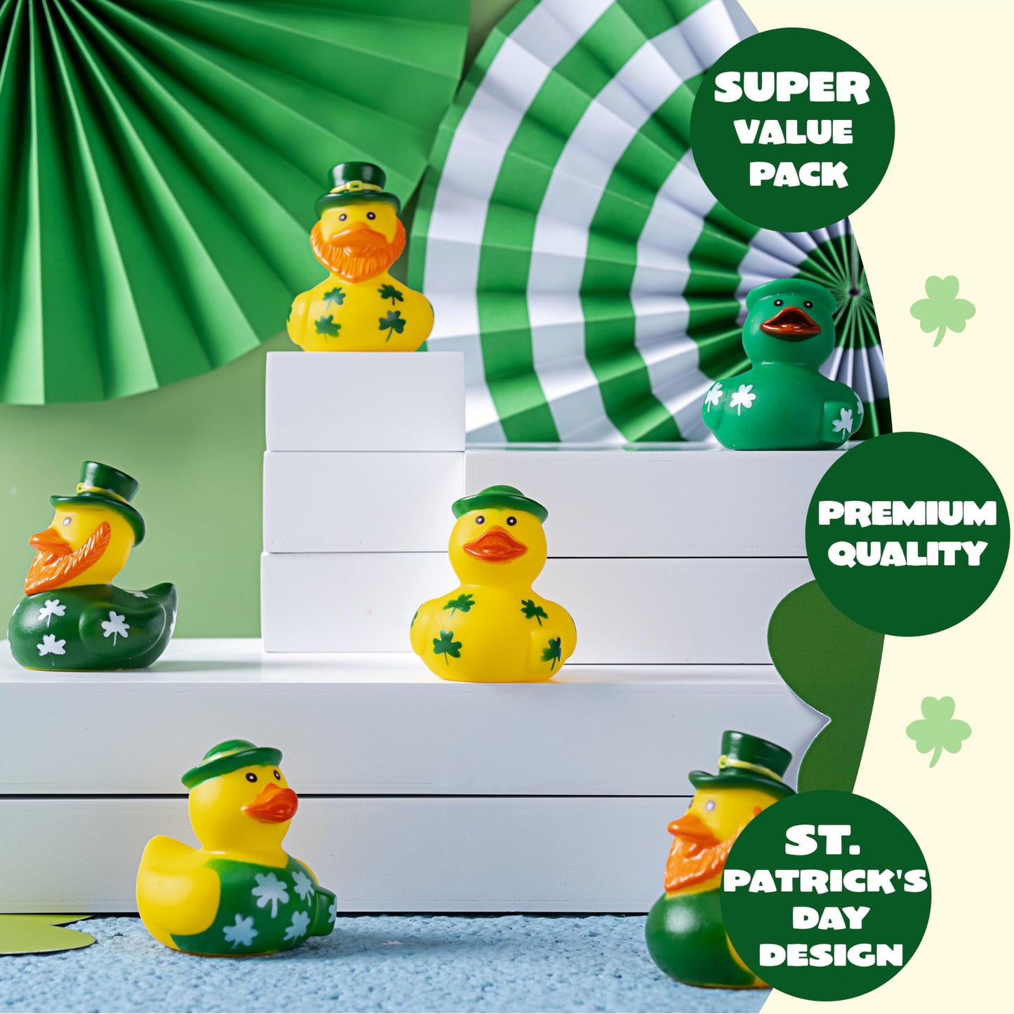 24 St. Patrick's rubber ducks, lucky ducks with St. Patrick's Day green rubber duck hats and clover patterns