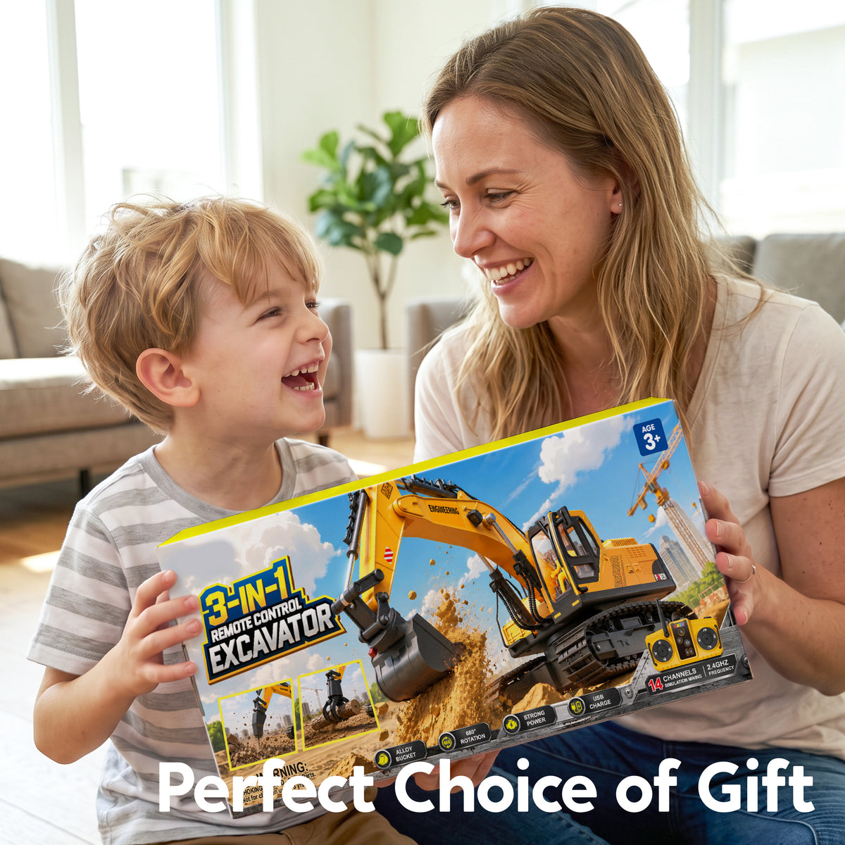 Joyfy 3-in-1 RC Excavator Construction Toy for Kids, 11 Channel Precise Control for Outdoor Play Sandbox Digger Toys, 680° Rotatable Cab, Christmas & Birthday Gifts for Kids 3-8-12
