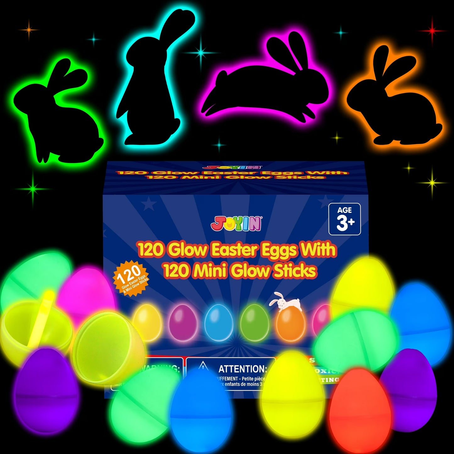 Joyfy 240 Pcs Easter Eggs Filled with Toys 120 Eggs & 120 Sticks,Easter Glowing Eggs Set for Kids,Easter Basket Stuffers Fillers Gift,Easter Eggs Hunt Game Party Favors