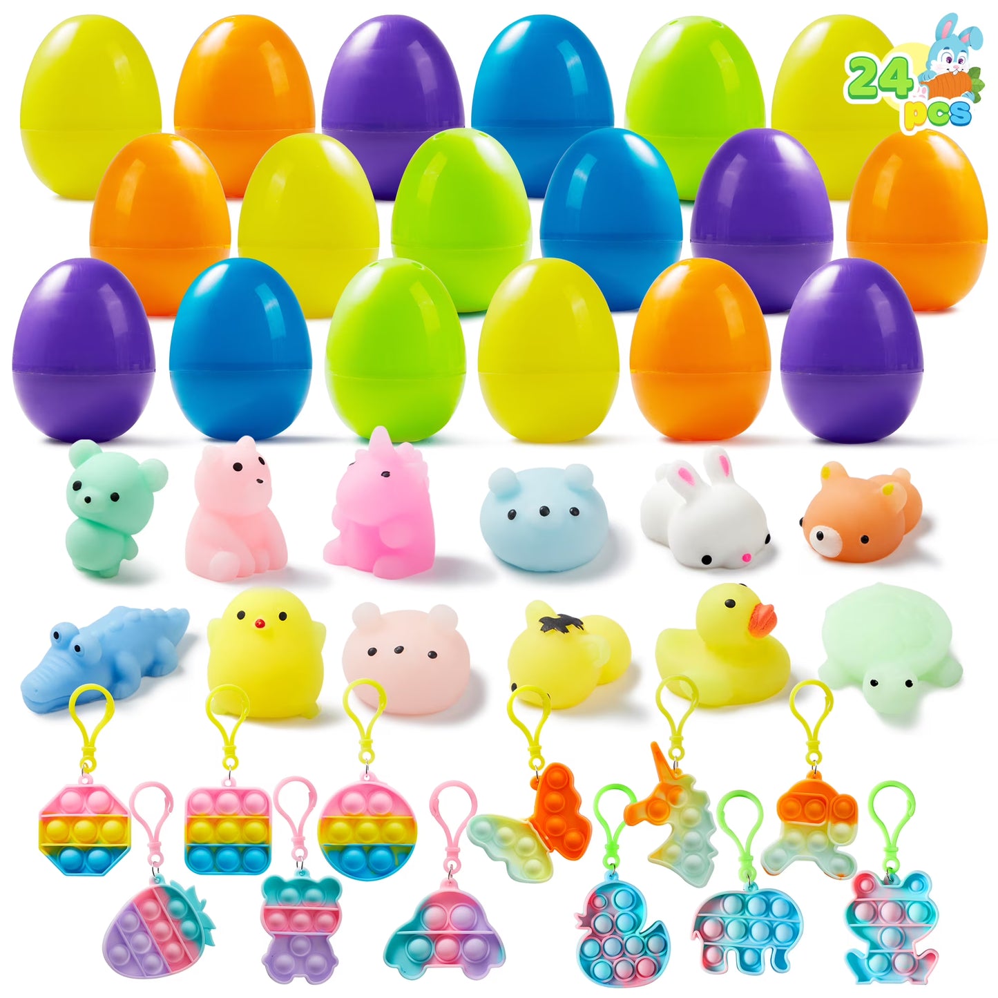 Joyfy 24 Packs Prefilled Easter Egg,Easter Egg with Mochi Squishy and Pop Bubble Fidget Keychains,Stress Reliever Toys Inside,Easter Basket Stuffers for Kids Easter Basket Classroom Exchange