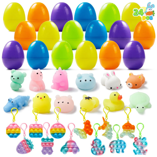 Joyfy 24 Packs Prefilled Easter Egg,Easter Egg with Mochi Squishy and Pop Bubble Fidget Keychains,Stress Reliever Toys Inside,Easter Basket Stuffers for Kids Easter Basket Classroom Exchange