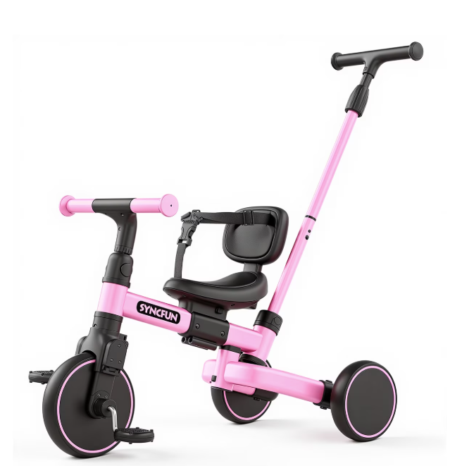 SYNCFUN 5-in-1 Kids Tricycle for 1-5 Year Old, Convertible Push Trike with Parent Steering Handle, Balance & Pedal Bike, Adjustable Seat & Handlebar, Ideal Birthday Gift for Toddler Boys Girls（Pink）