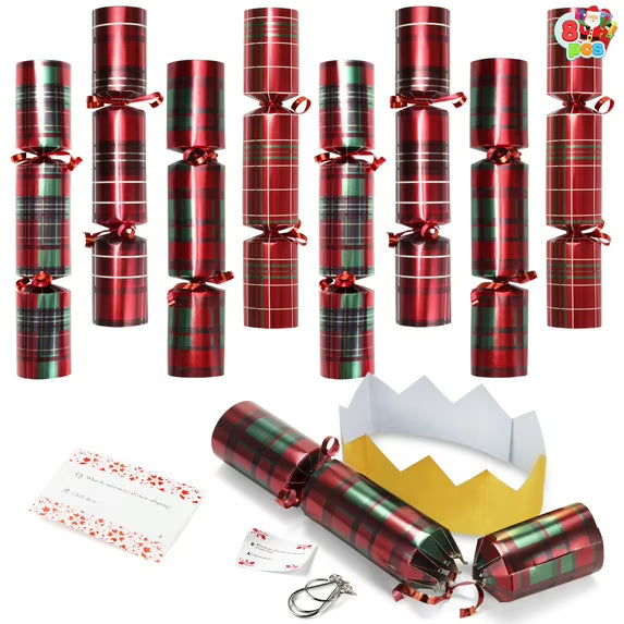Joyfy 8 Pack Christmas Non-Snap Party Favor, Red Check Plaid Party Table Favor Includes Party Hat, Jokes & Gifts, Xmas Gifts Prizes for Christmas Holiday Dinner Traditions Party Supplies