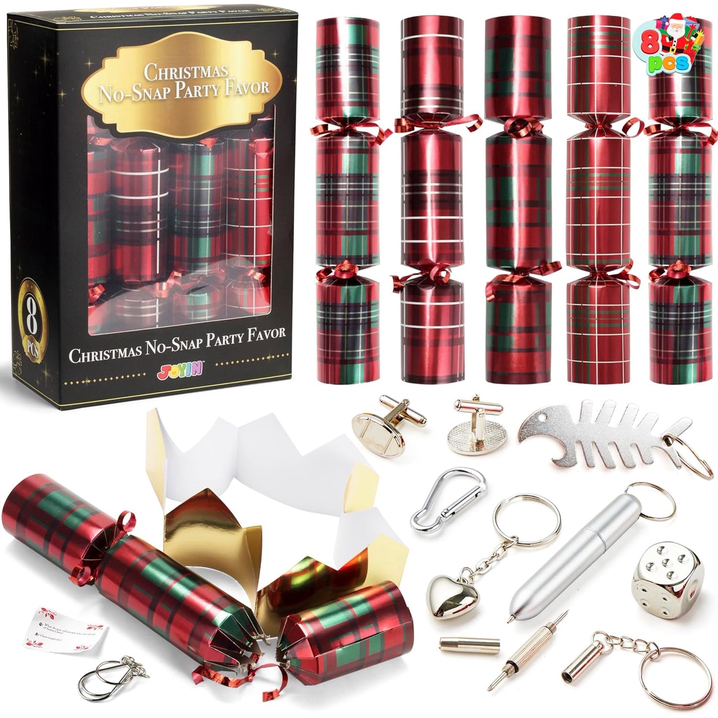 Joyfy 8 Pack Christmas Non-Snap Party Favor, Red Check Plaid Party Table Favor Includes Party Hat, Jokes & Gifts, Xmas Gifts Prizes for Christmas Holiday Dinner Traditions Party Supplies