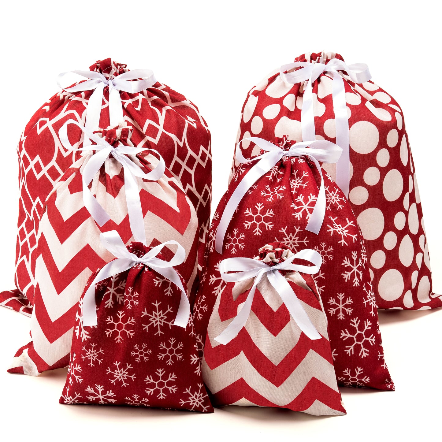 Joyfy Christmas Drawstring Gift Bags, 6Pcs Santa Sack Large Medium Small Sized Gift Wrapping Bag Set Xmas Party Supply Giant Gifts Decorations