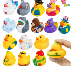 Joyfy 15 Pcs Rubber Ducks, Random Assortment Mini Rubber Duckie Toys with Mesh Carry Bag for Kids Baby Bath Shower Toys, Birthday Gifts, Summer Beach Pool Activity, Party Favors