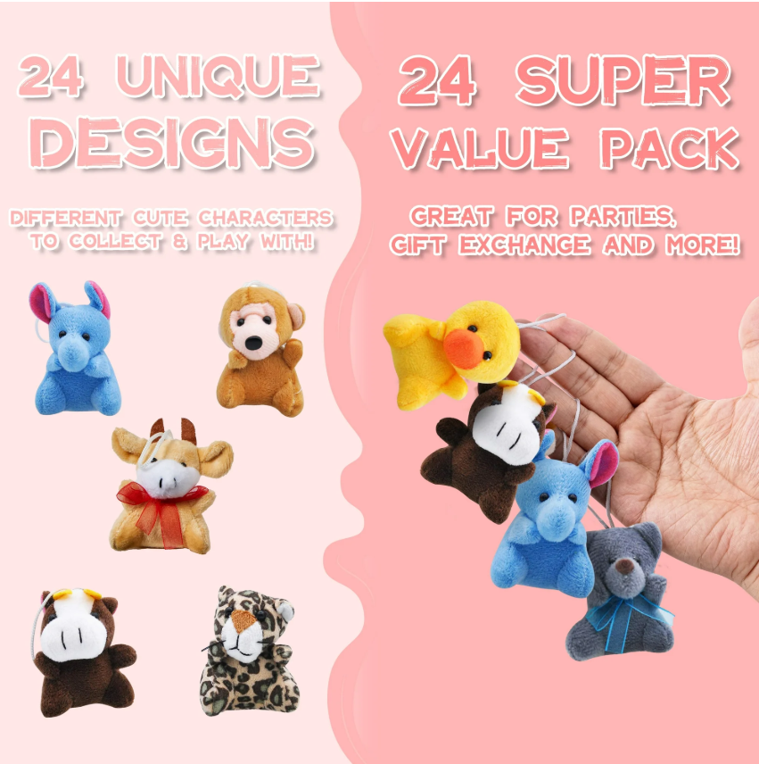 Joyfy 24 Pcs Party Favors for Kids 3" Mini Stuffed Animals Bulk Cute Small Plush Toys, Pinata Fillers, Animals Keychain Decoration for Boys Girls, Teacher Student Gifts Prizes, Birthday Supplies
