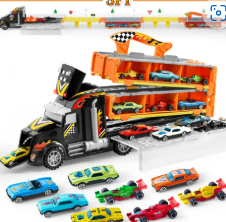 SYNCFUN Carrier Truck with Lights & Sounds, 12 Die-Cast Metal Toy Play Vehicle with 5-FT Ejection Race Track, Metal Racing Cars for 3 4 5 6 7 8 Years Old Kids Boys Gift
