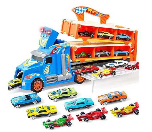 Joyfy Carrier Truck Toys for Kids, 5-FT Race Track and 12 Die-Cast Metal Toy Cars, Racing Car Toys with Lights & Sounds, Toy Truck Gift for Boys and Girls 2 3 4 5 Years Old