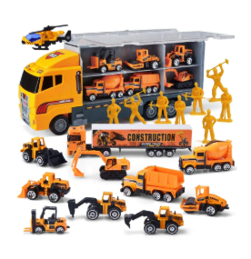 Joyfy 19 in 1 Die-cast Construction Toy Truck with Little Figures, Mini Construction Vehicles in Big Carrier Truck, Patrol Rescue Helicopter for Boys Aged 3+