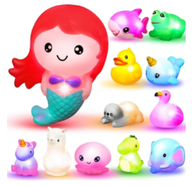 12Pcs Light Up Bath Toys, Toddler Flashing Colourful LED Bathtub Mermaid Toy, Baby Bathtime Floating Rubber Shower Toy for Infant Baby Kids Boy Girl Birthday Valentines Gift Swimming Pool Party