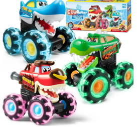 JOYFY 3 Pack Monster Truck Toy - Motion Activated Light-Up Cars for Toddlers - Monster Treads Lightning Wheels - Baby Toy Present - Press & Go Cars for Boys Girls Birthday Gifts Easter Basket Stuffer