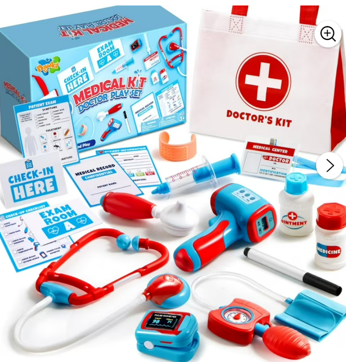 Joyfy 16-Piece Pretend Medical Kit with Bag, Kids Doctor Role Play Set, Realistic Toy Stethoscope,Reusable Record Cards,Dress Up Doctor Playset for Toddlers Ages 3+