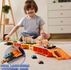 SYNCFUN Carrier Truck with Lights & Sounds, 12 Die-Cast Metal Toy Play Vehicle with 5-FT Ejection Race Track, Metal Racing Cars for 3 4 5 6 7 8 Years Old Kids Boys Gift