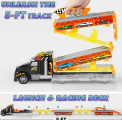 SYNCFUN Carrier Truck with Lights & Sounds, 12 Die-Cast Metal Toy Play Vehicle with 5-FT Ejection Race Track, Metal Racing Cars for 3 4 5 6 7 8 Years Old Kids Boys Gift