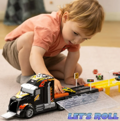 SYNCFUN Carrier Truck with Lights & Sounds, 12 Die-Cast Metal Toy Play Vehicle with 5-FT Ejection Race Track, Metal Racing Cars for 3 4 5 6 7 8 Years Old Kids Boys Gift