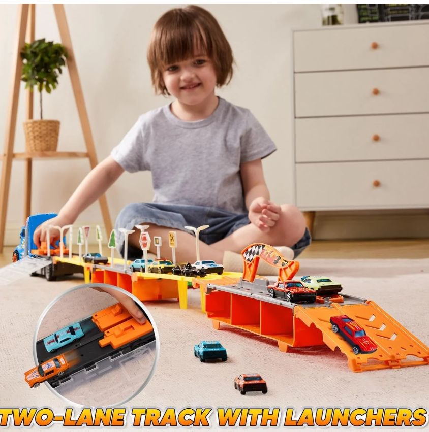 Joyfy Carrier Truck Toys for Kids, 5-FT Race Track and 12 Die-Cast Metal Toy Cars, Racing Car Toys with Lights & Sounds, Toy Truck Gift for Boys and Girls 2 3 4 5 Years Old