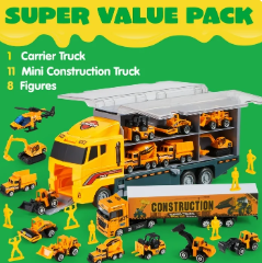 Joyfy 19 in 1 Die-cast Construction Toy Truck with Little Figures, Mini Construction Vehicles in Big Carrier Truck, Patrol Rescue Helicopter for Boys Aged 3+