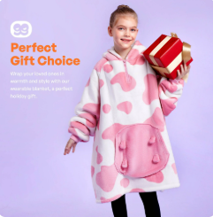 Joyfy Kids Wearable Blanket Hoodie, Warm and Cozy Flannel Sweatshirt for Gilrs and Boys Christmas Birthday Gifts