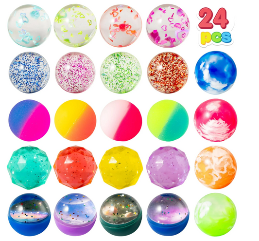 Joyfy 24 Pcs Bouncy Balls Party Favors for Kids 6 Styles 32mm Mixed Color Rubber Bouncing Balls Toys Bulk Small Gift for Classroom Prize, Goodie Bags Stuffers