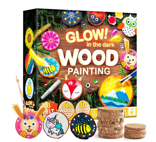 Joyfy 16-Piece Glow in the Dark Wood Slice Painting Art & Craft Kit for Kids, Creative Fun & DIY Projects