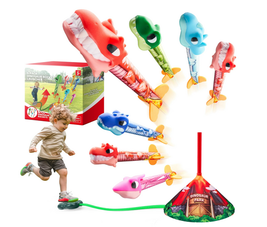 SYNCFUN Dinosaur Toy Rocket Launcher for Kids, 6Pcs Dinosaur Foam Rockets, Outdoor Toys for Boys 3 4 5 6 7 8 Years Old