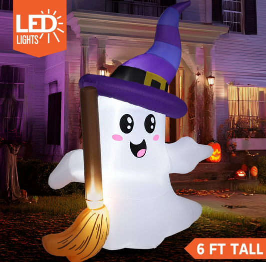 Joyfy 6ft Halloween Inflatables Light up Cute Ghosts with Witch Hat,Halloween Decorations Outdoor,Blow up Halloween Yard Decorations