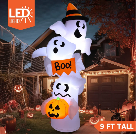 Joyfy 9ft Halloween Ghost Inflatable,Three Overlap Ghost Outdoor Decorations Blow Up Yard with Built-in LEDs for Garden Lawn Indoor Party Decor