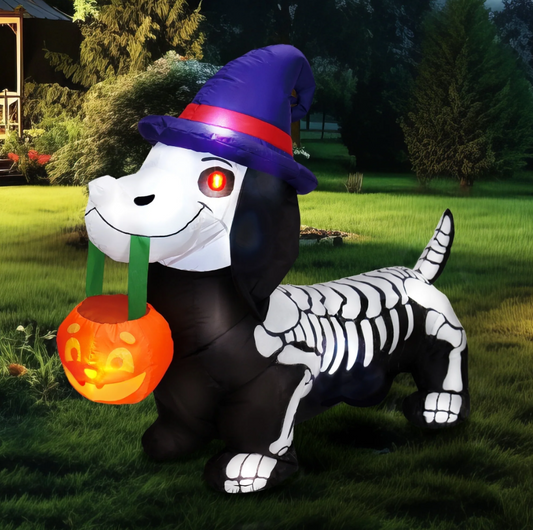 Joyfy 5 FT Halloween Inflatables Light up Pumpkin Skeleton Wiener Dog Long Halloween Inflatables Outdoor Decorations,Blow up Halloween Yard Decorations