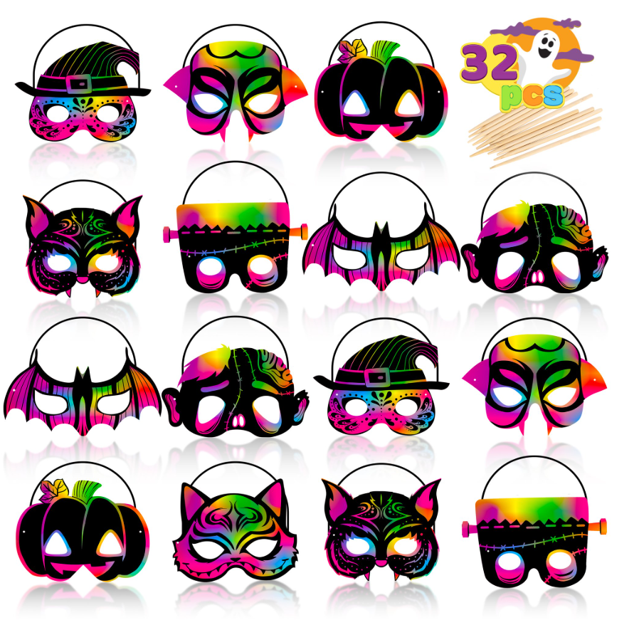 Joyfy 32 Pcs Halloween Scratch Masks Crafts for Kids,Magic Rainbow Scratch Paper Art Animal Masks for Halloween Crafts,Party Supplies,Classroom Activities