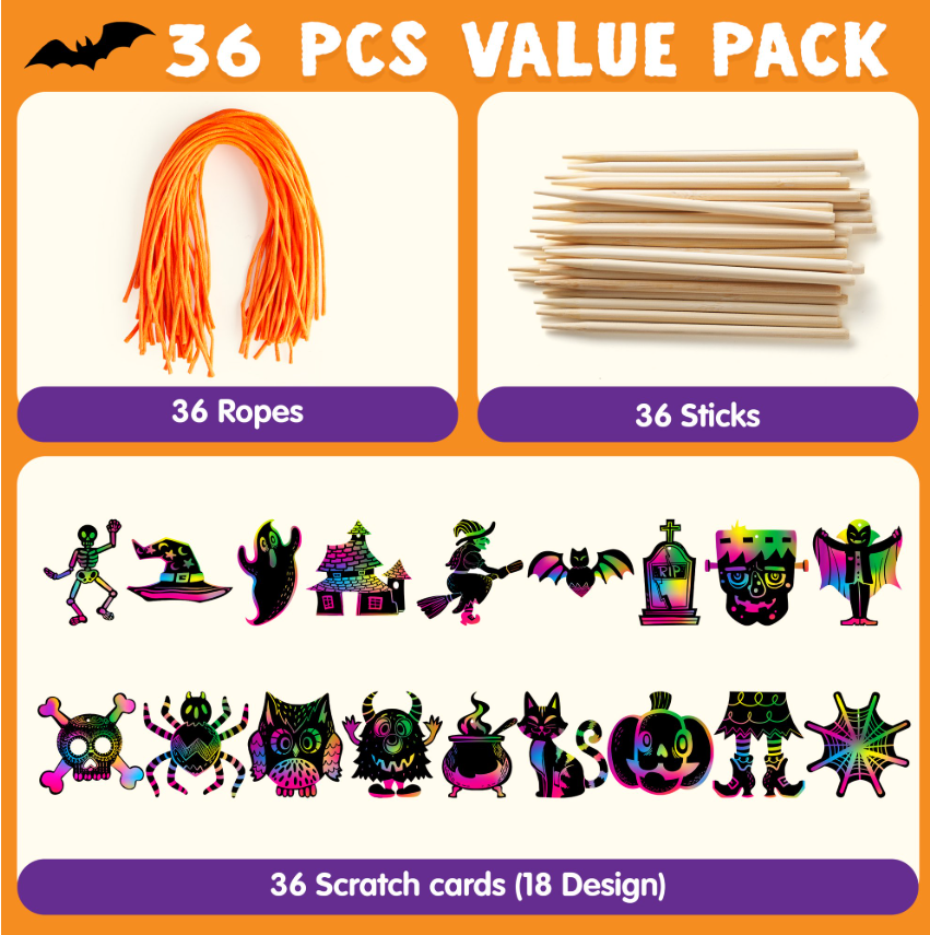 Joyfy 36 Pcs Halloween Crafts for Kids,Rainbow Scratch Art Crafts for Kid,Magic Rainbow Scratch Paper Off Cards Set for Halloween Crafts,Arts Supplies,Classroom Activities
