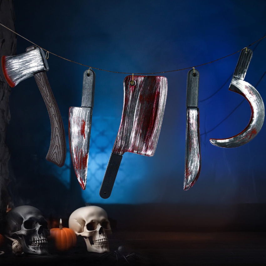 Joyfy 5 Pcs Halloween Decorations Outdoor Bloody Banner,Knife Weapons Decor for Creepy Movie Theme Birthday Carnival Spooky Props Supplies