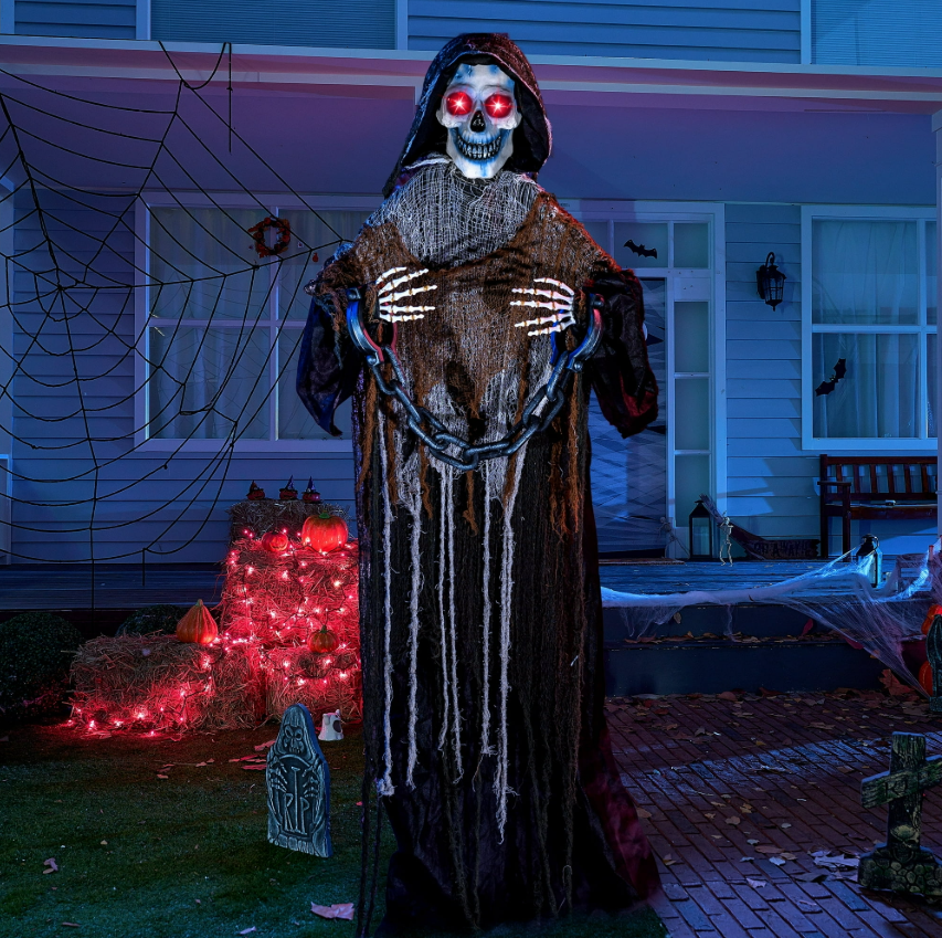 Joyfy 67 Inch Standing Grim Reaper with Chain Large Halloween Decorations Outdoor Scary Decorations Halloween Motion Activated Grim Reaper with LED Eyes & Sound