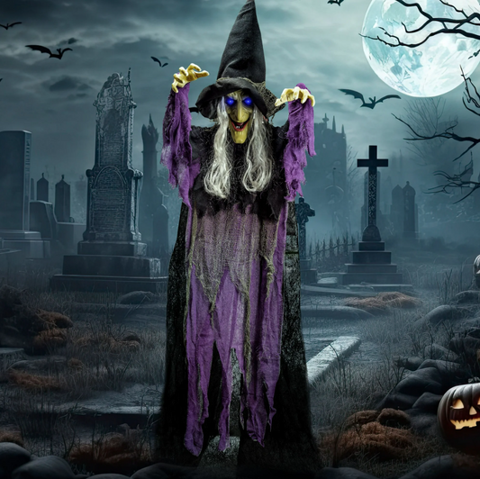Joyfy 72" Halloween Witch Decoration,Outdoor Scary Halloween Animatronic Hanging Witch with Light Up Eyes and Sound Decoration for Halloween Outdoor