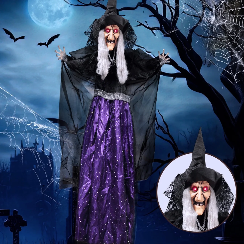 Joyfy 47" Halloween Decorations Outdoor,Life Size Animated Witch Scary Decorations Halloween Motion Activated Witch with LED Eyes & Sound,Haunted House Decor