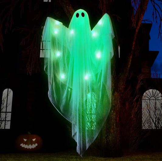 Joyfy 47 Inch Hanging Ghosts Halloween Decorations Outdoor,Light up White Ghosts with Spooky Green LED Light,Halloween Outdoor Yard Porch Decorations,Haunted House Decorations