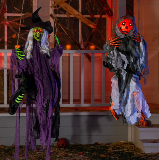 Joyfy 2 Packs Halloween Decorations Outdoor Hanging Ghosts,Light Up 3.9ft Witch and 3ft Pumpkin Face Creepy Decorations for Halloween Hanging Decorations Indoor Outdoor Yard