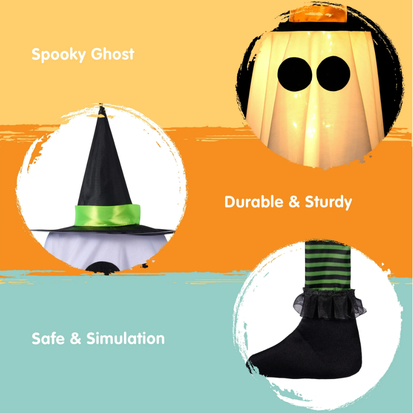 Joyfy 3Pcs 23.6" Halloween Decorations Outdoor Hanging Lighted Glowing Ghost Witch Hat Decor with Lights String for Party Indoor Outside Ornaments and Yard Tree Garden