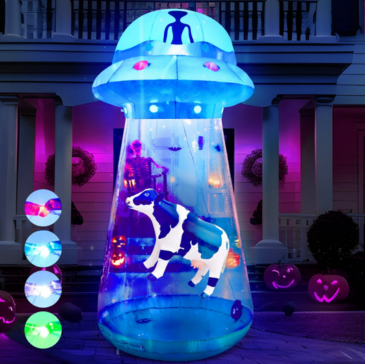 Joyfy 9 FT Halloween Inflatable UFO Alien Decoration with Built-in Color Changing LEDs,UFO Halloween Decorations Outdoor Blow Up Yard Lawn Decoration (Cow Not Included)
