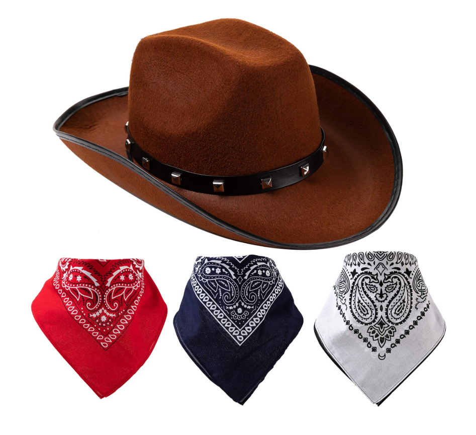 Joyfy Cowboy Hat for Adults and Kids, Halloween Themed Cosplay, Western Cowboy Hat with 3 Pcs Bandanas for Halloween Costume Accessories