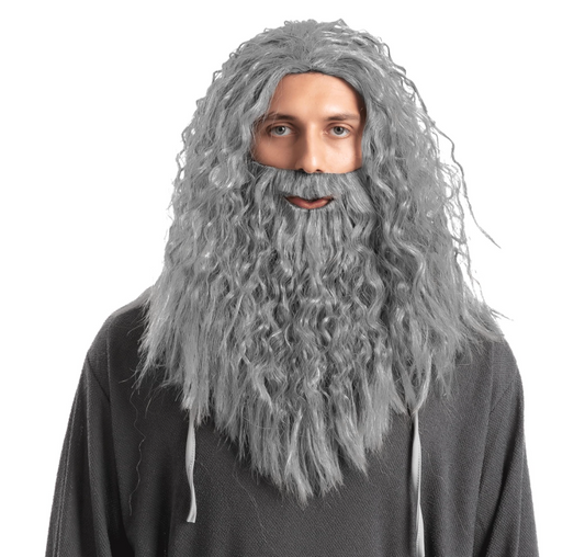 Joyfy Men's Grey Wizard Wig With Beard Halloween Wig for Adults, Halloween Cosplay Party Accessories
