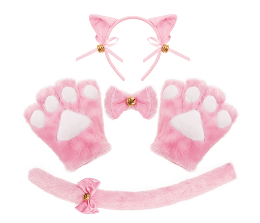Joyfy 5 Pcs Kitten Pink Kitty Cat Costume Accessories Set with Cat Ears Headband, Paws Gloves, Bow Tie, Tail for Adult & Kids Cosplay, Halloween Party Dress-up Accessories Set