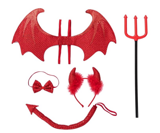 Joyfy 5 Pieces Devil Accessories for Woman,Devil Costume Accessories with Devil Wings,Devil Pitchfork,Devil Horns, and Tail, Halloween Devil Horns Cosplay Costume for Adults