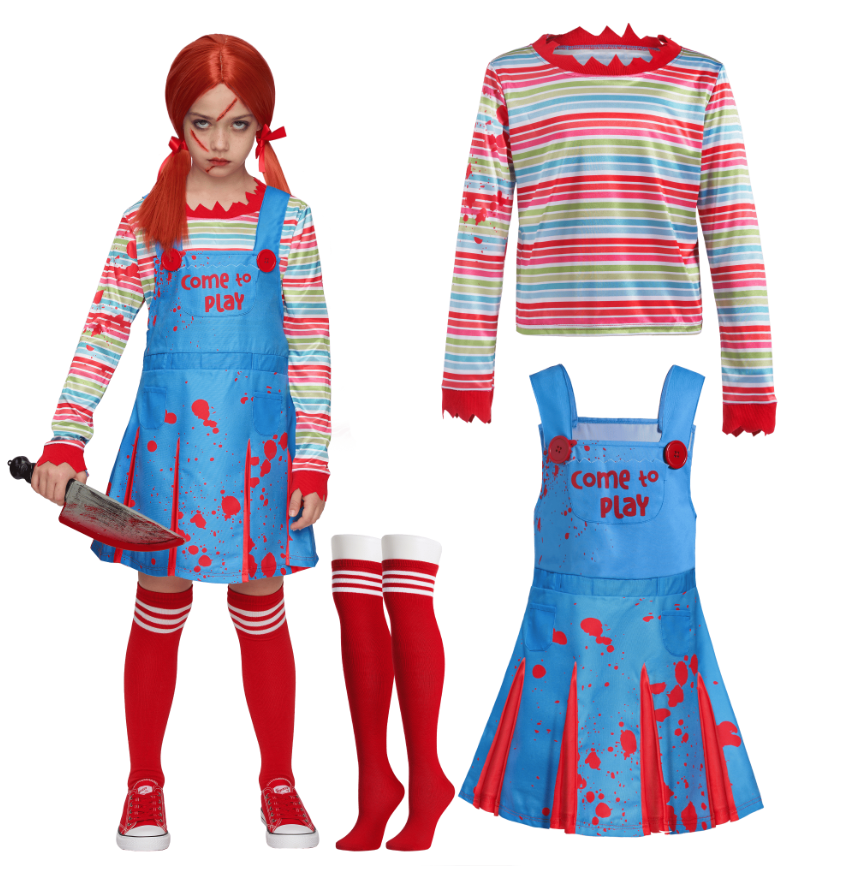 Joyfy Creepy Doll Costume for Kids Girls, Family Matching Killer Doll Outfit, Halloween Costume for Kids