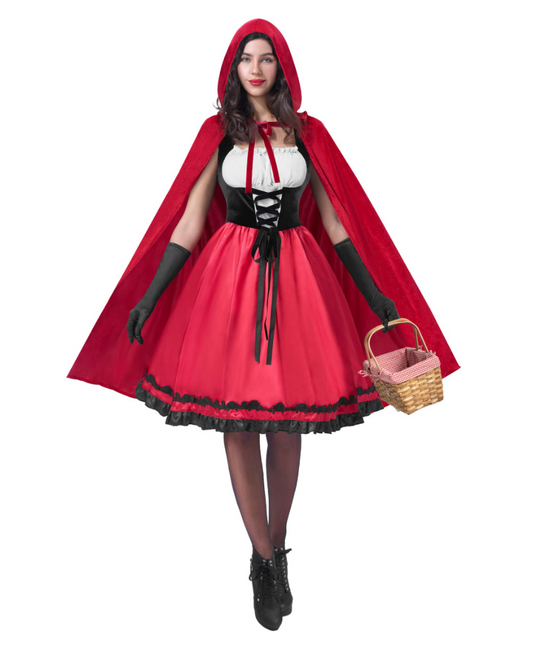 Joyfy Women Little Red Riding Hooded Costume with Dress, Cape and Gloves, Adult Women Halloween Costume for Halloween Party Cosplay