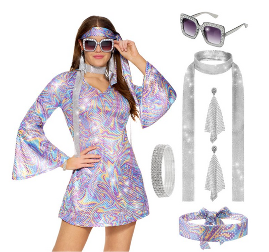 Joyfy 70s Costumes for Women, Halloween Disco Dress with 70s Accessories for Halloween Costumes Cosplay and Dance Parties