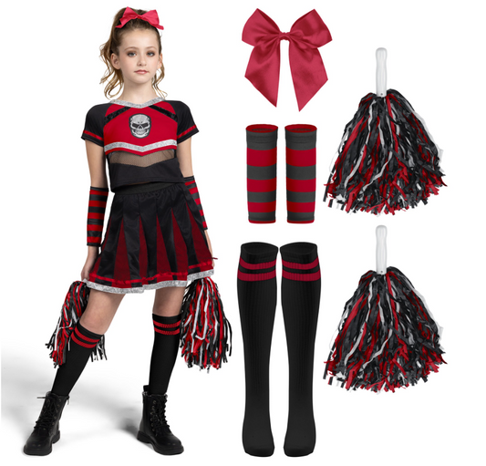 Joyfy Cheerleader Costume for Girls, Bad Spirit Costume for Kids, Skull Scary Outfit with Accessories for Halloween Party Cosplay
