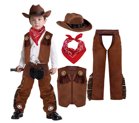 Joyfy Halloween Cowboy Costume for Boys, Kids Cowboy Costume Set, Brown Western Style Cowboy Outfit with Cowboy Hat for Toddler Dress-up Party Cosplay