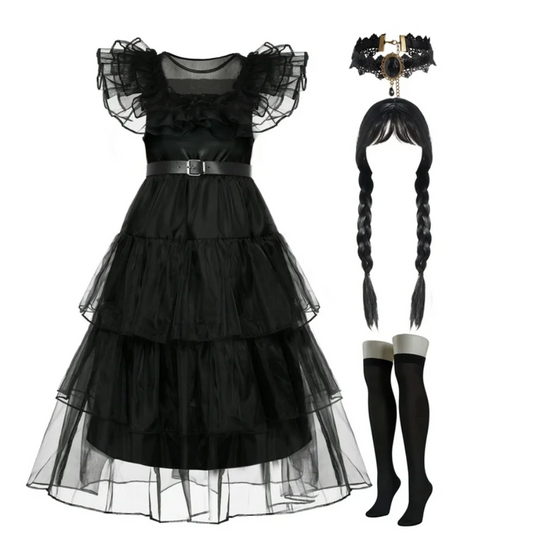 Joyfy Halloween Costume Set for Girls, Dark Vintage Prom Dress for Kids, Black Gothic Dress Costume for Halloween Cosplay Parties 5-12 Years