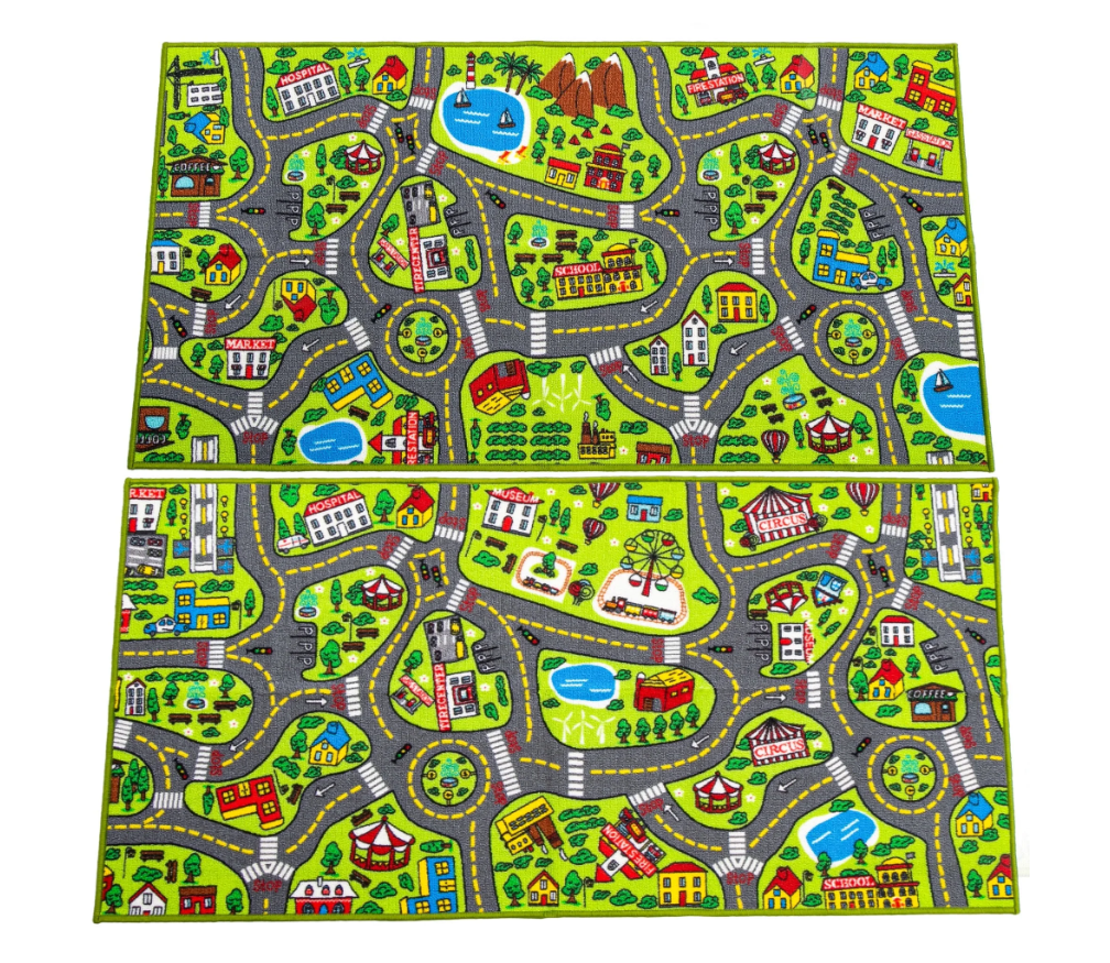 Joyfy 2 Pack Kids Car Rug for Playroom, Jumbo Car Play Mat for Toddlers,Durable Car Carpet for City Pretend Play